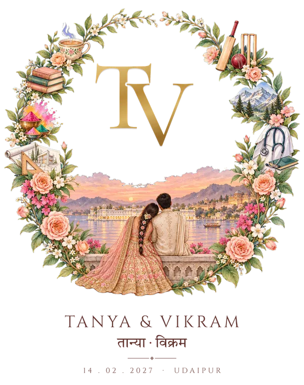 A logo made for Tanya and Vikram: a wreath of roses with her chai and books and his cricket, the two of them from behind by a lake palace